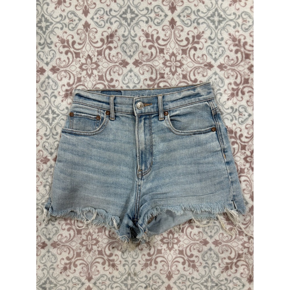 American Eagle Light Wash High Waisted Frayed Raw Hem Denim Shorts 00 Stretch